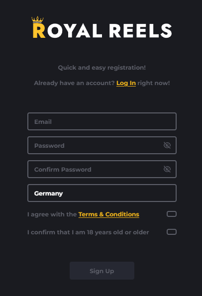 Royal Reels Casino Sign Up form with email password fields and button