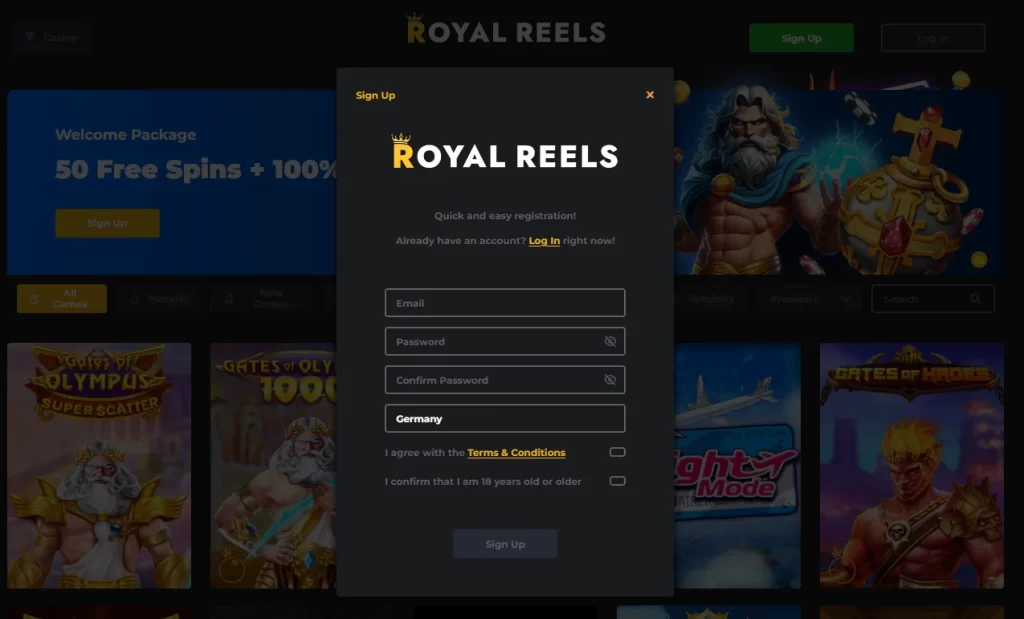 Royal Reels Registration Form and Button