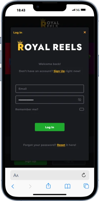 Royal Reels Login on Mobile App for iPhone